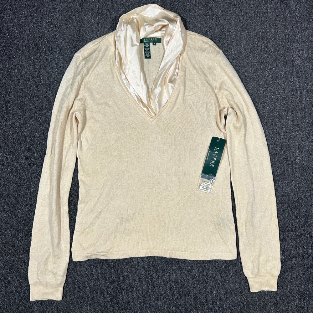 Lauren Ralph Lauren Silk Cashmere Sweater Womens M Cream NWT Shawl Collar Silk